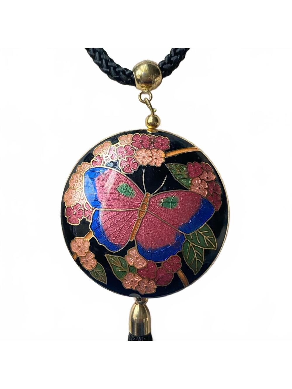 VTG Cloisonné Butterfly Floral Tassel Necklace Double Sided - Picture 2 of 6
